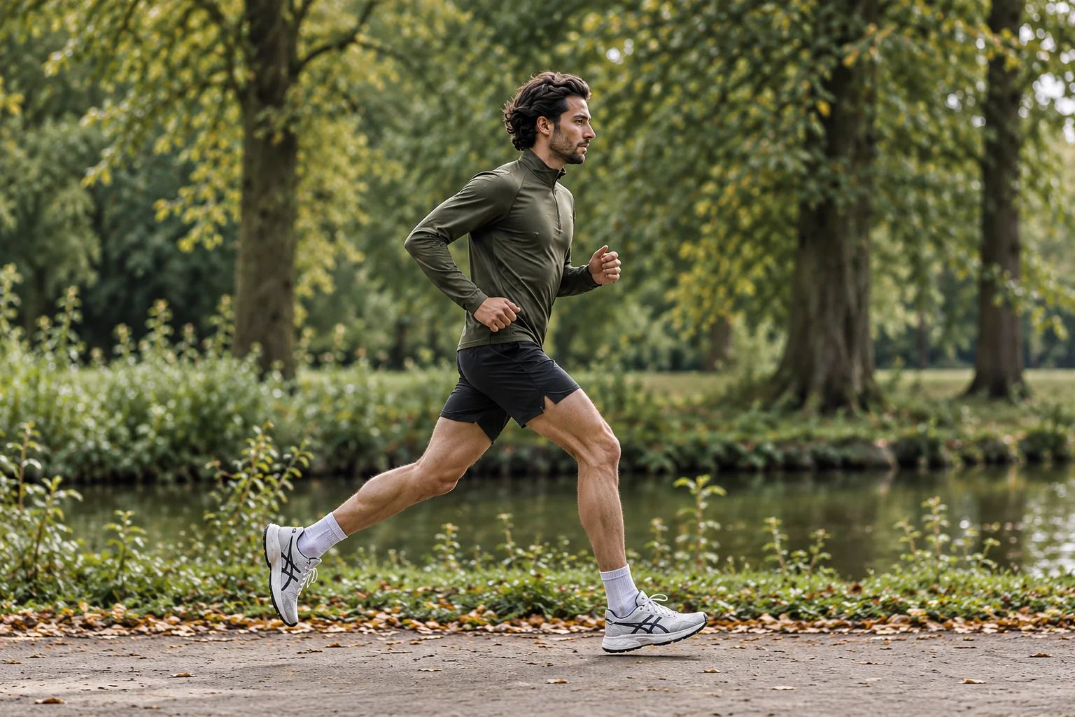 Hardloper in olijfgroen sportshirt, zijaanzicht in een park